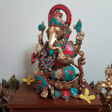 12" Lord Ganesh Brass Idol - handcrafted turquoise Inlay - Decorative Figurine-Crafts N Chisel - Indian handicrafts home decor USA