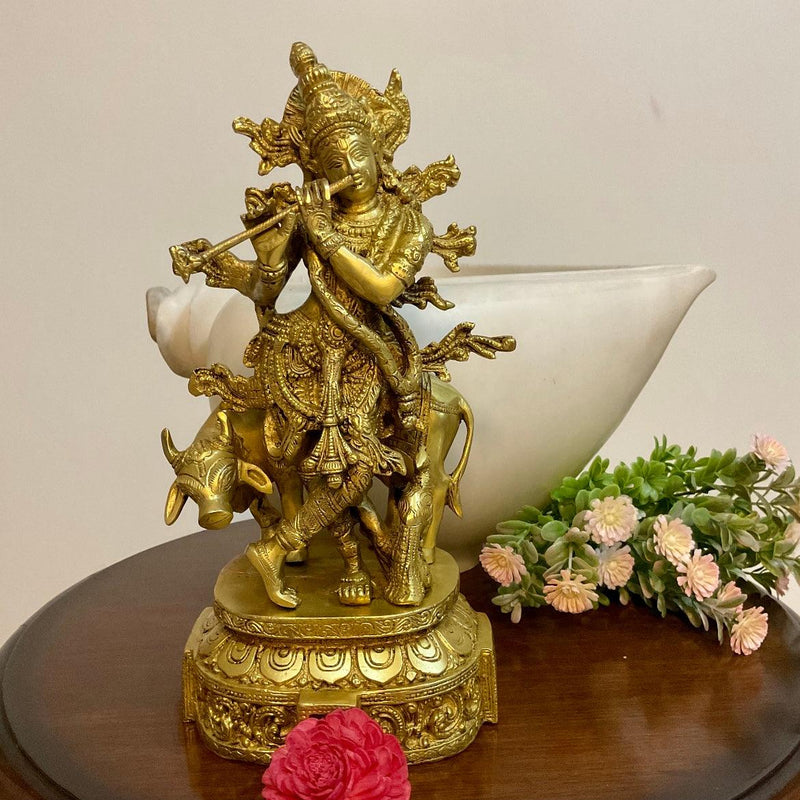 12” Lord Krishna Cow idol - Brass Krishna Statue - Crafts N Chisel - Indian Home Decor USA