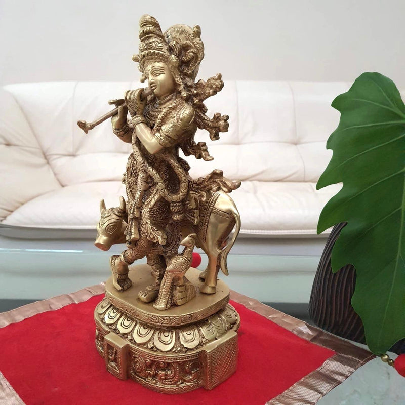 12” Lord Krishna & Cow idol - Brass Statue-Crafts N Chisel - Indian handicrafts home decor USA