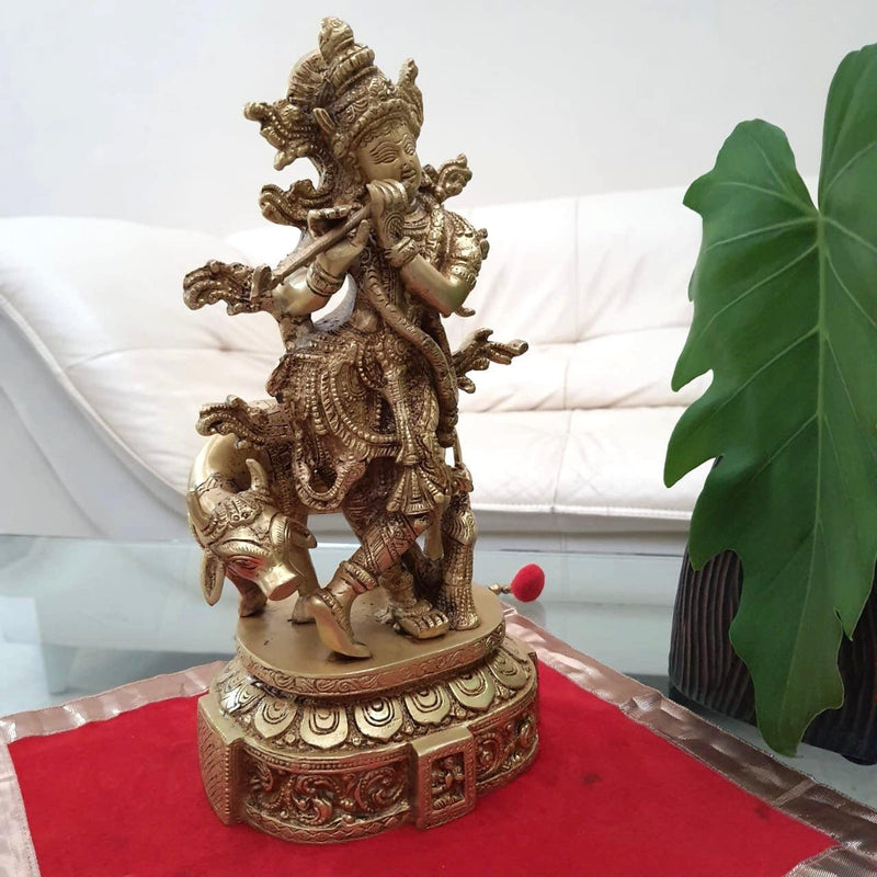 12” Lord Krishna & Cow idol - Brass Statue-Crafts N Chisel - Indian handicrafts home decor USA