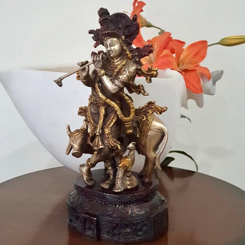 12” Lord Krishna & Cow idol - Brass Lacquer Finish-Crafts N Chisel-Indian Handicrafts Online USA