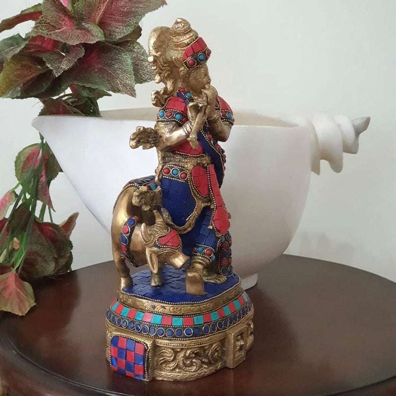 12” Lord Krishna & Cow idol - Brass Turquoise Inlay-Crafts N Chisel - Indian handicrafts home decor USA
