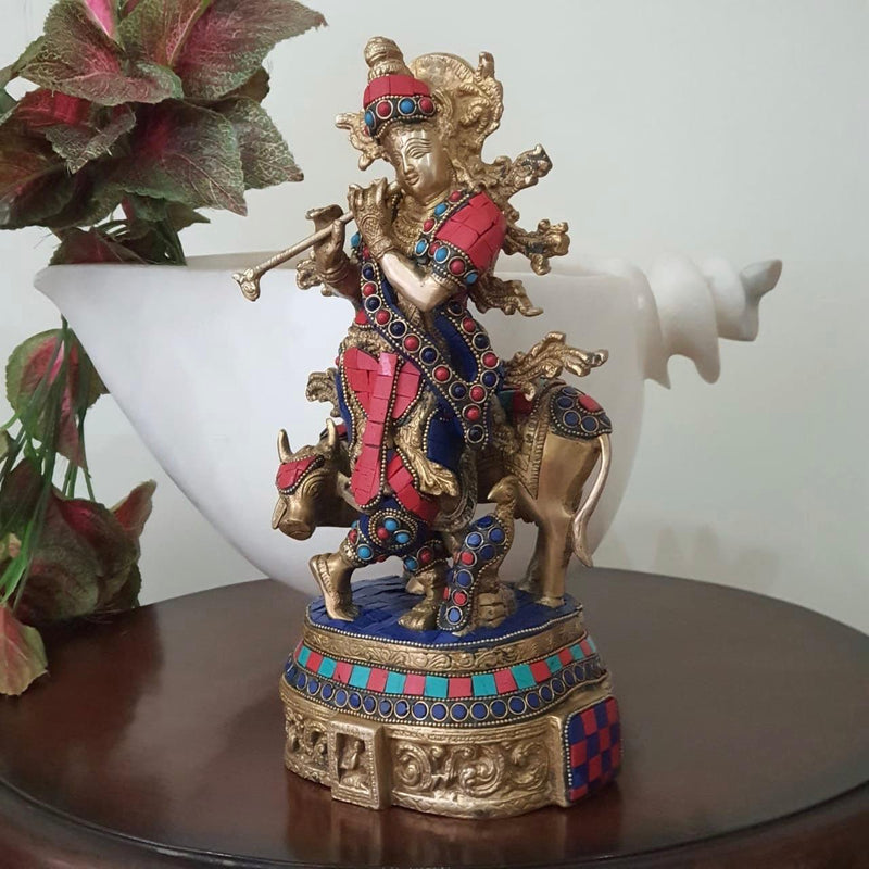 12” Lord Krishna & Cow idol - Brass Turquoise Inlay-Crafts N Chisel - Indian handicrafts home decor USA