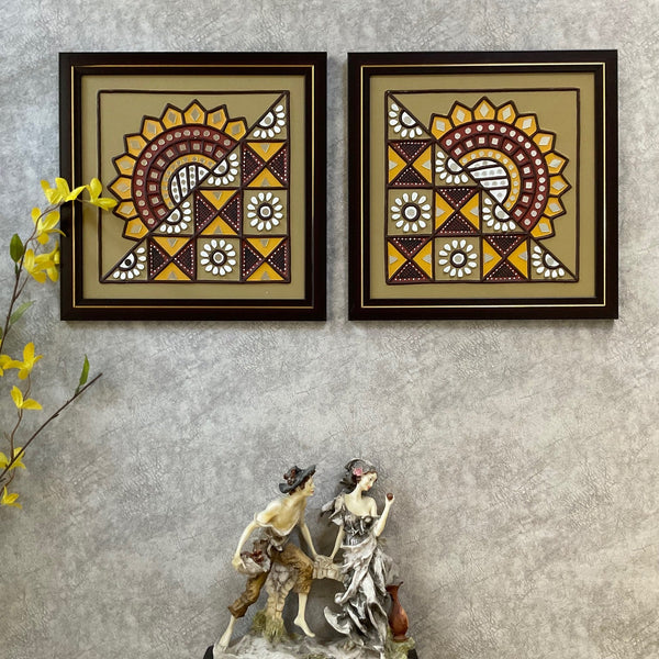12” Yellow Flower Square Lippan Art Wall Hanging (Set of 2) - Clay & Mirror Wall Decor- Crafts N Chisel - Indian Home Decor USA