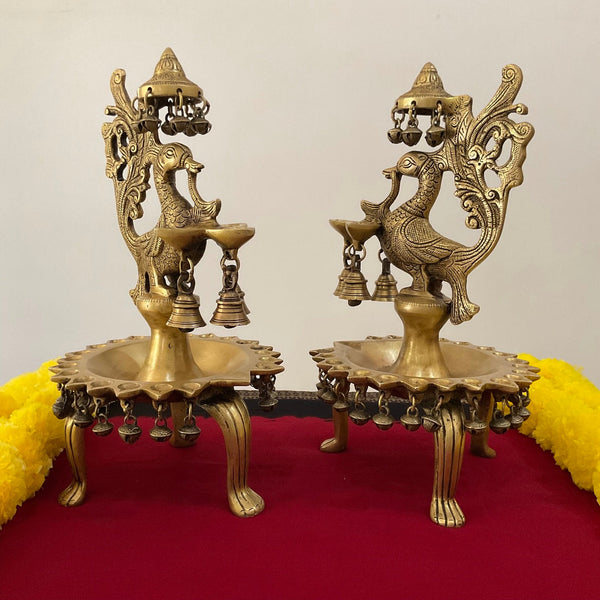 13.5” Peacock Diya With Bell (Set of 2) - Handmade Brass lamp Home Decor - Crafts N Chisel - Indian Home Decor USA