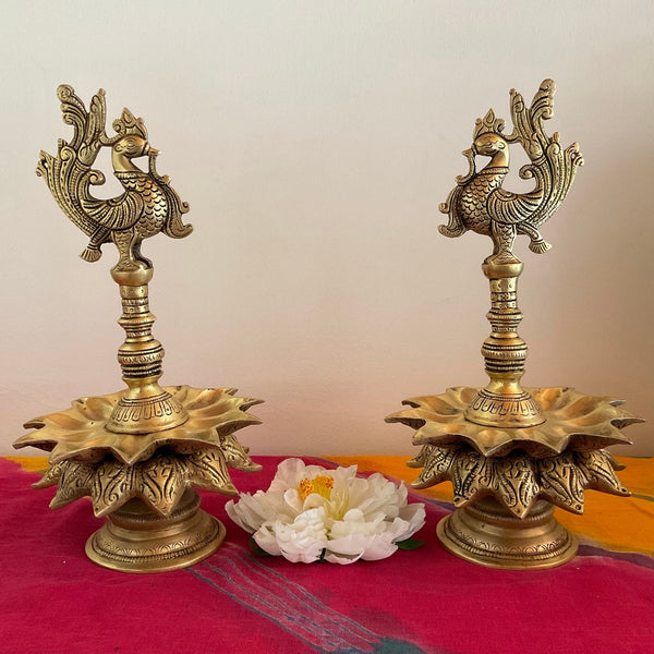 13” Handmade Annapakshi Brass Diya Lamp (Set of 2) - Festive Home Decor - Crafts N Chisel - Indian Home Decor USA