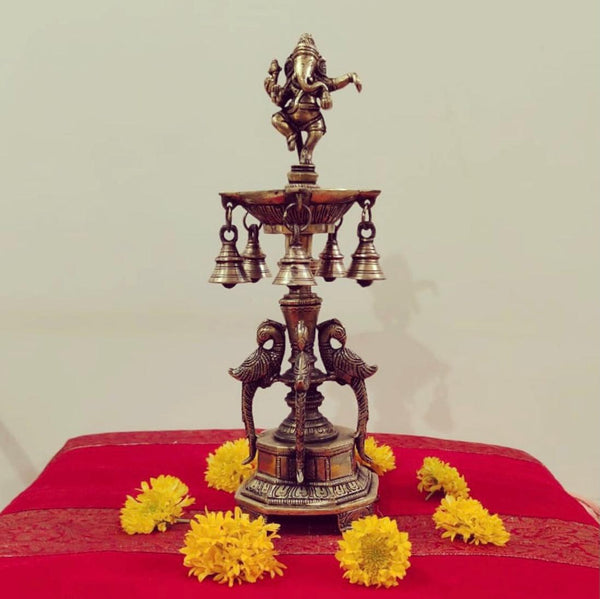 14” Dancing Ganesha Brass Diya Lamp - Antique Finish - Temple Decor-Crafts N Chisel - Indian home decor online USA
