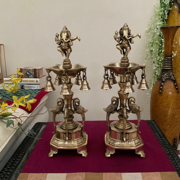 14” Dancing Ganesha Brass Diya Lamp (Set of 2) - Antique Finish - Temple Decor - Crafts N Chisel - Indian Home Decor USA