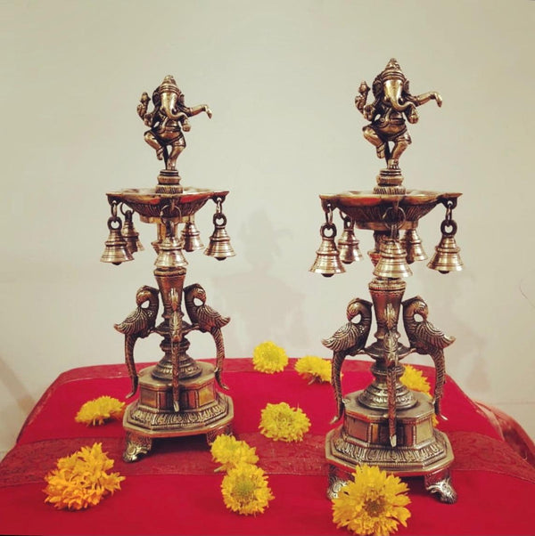 14” Dancing Ganesha Brass Diya Lamp (Set of 2) - Antique Finish - Temple Decor-Crafts N Chisel - Indian home decor online USA