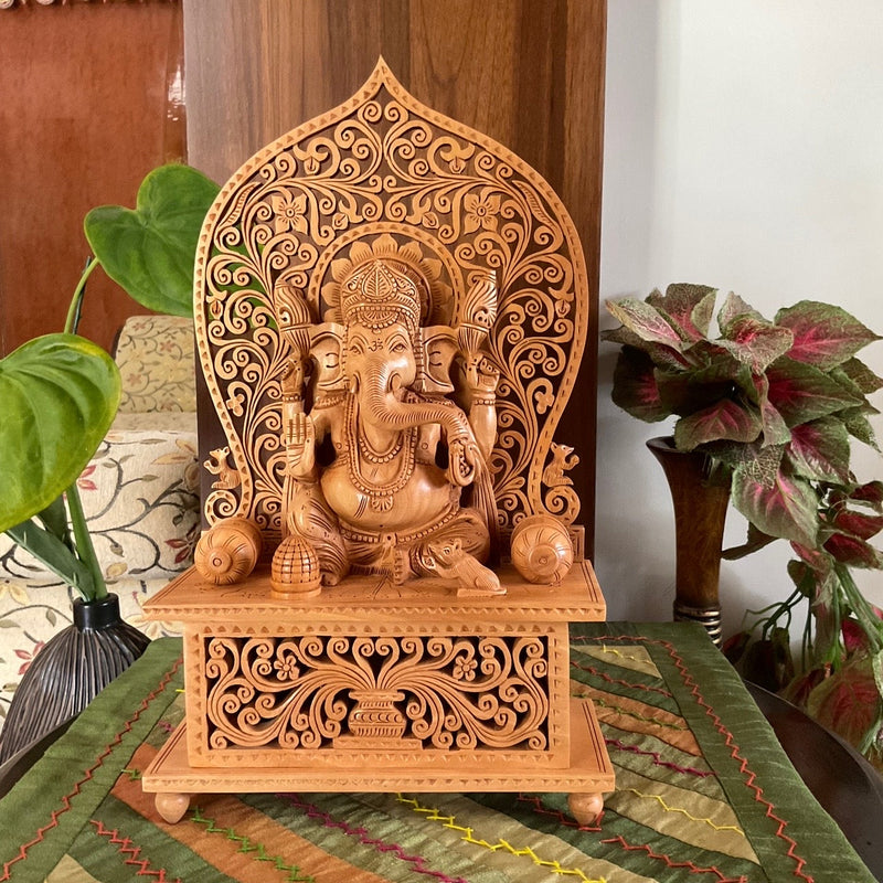 14” Lord Ganesh On Singhasan Wooden Idol - Decorative Statue - Crafts N Chisel - Indian Home Decor USA