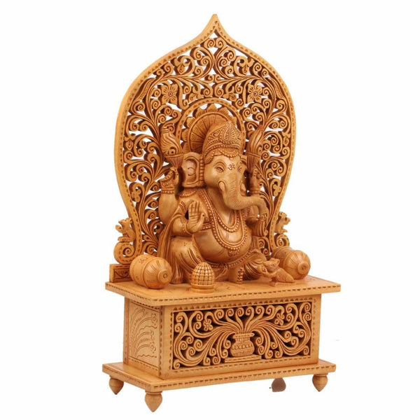 14” Lord Ganesh On Singhasan Wooden Idol - Decorative Statue - Crafts N Chisel - Indian Home Decor USA