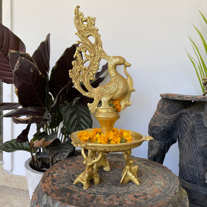 15" Dancing Peacock Diya With Beautiful Lady Figures- Handmade Brass lamp Home Decor - Crafts N Chisel - Indian Home Decor USA