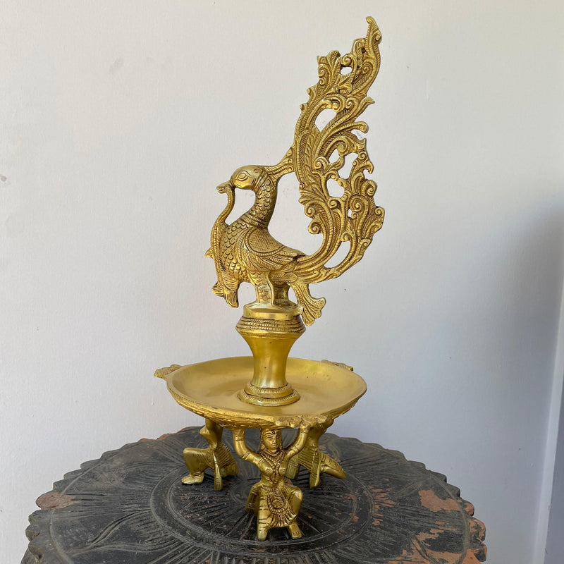 15" Dancing Peacock Diya With Beautiful Lady Figures- Handmade Brass lamp Home Decor - Crafts N Chisel - Indian Home Decor USA