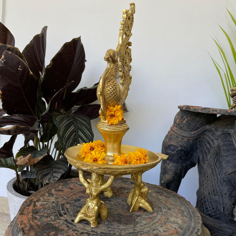 15" Dancing Peacock Diya With Beautiful Lady Figures- Handmade Brass lamp Home Decor - Crafts N Chisel - Indian Home Decor USA