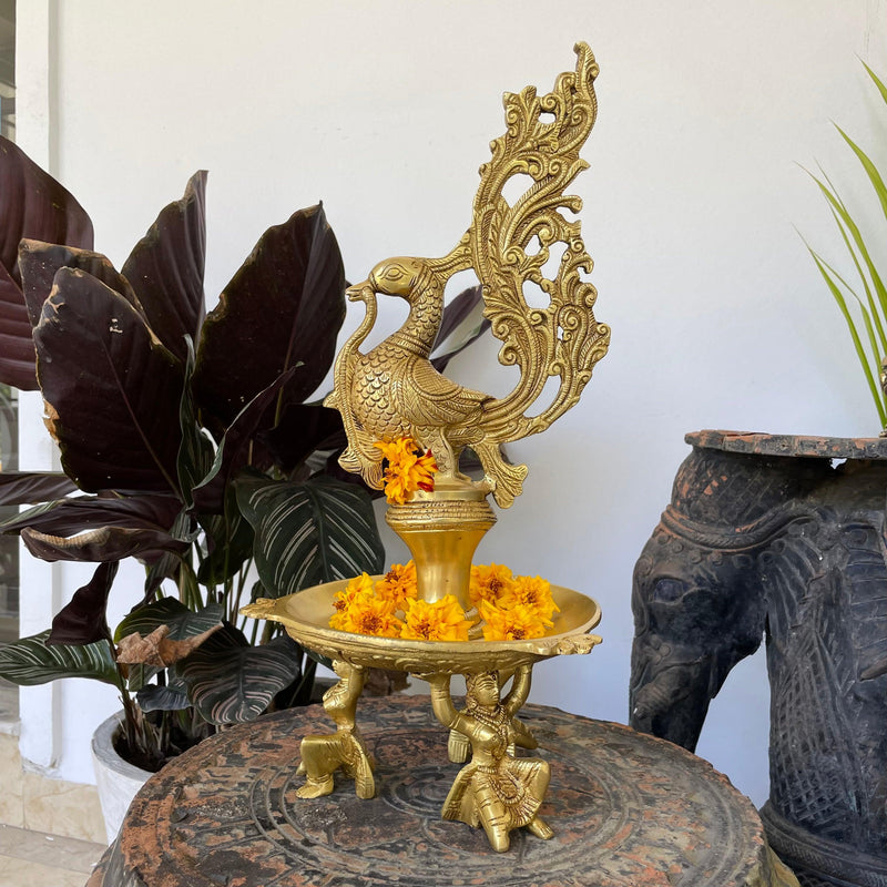 15" Dancing Peacock Diya With Beautiful Lady Figures- Handmade Brass lamp Home Decor - Crafts N Chisel - Indian Home Decor USA