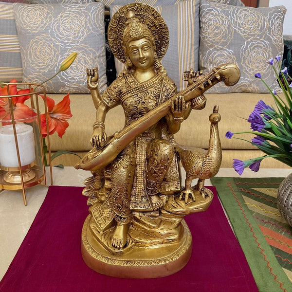 15” Goddess Saraswati Brass Idol - Decorative Statue- Crafts N Chisel - Indian Home Decor USA