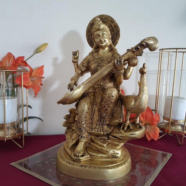 15” Goddess Saraswati Brass Idol - Decorative Statue- Crafts N Chisel - Indian Home Decor USA