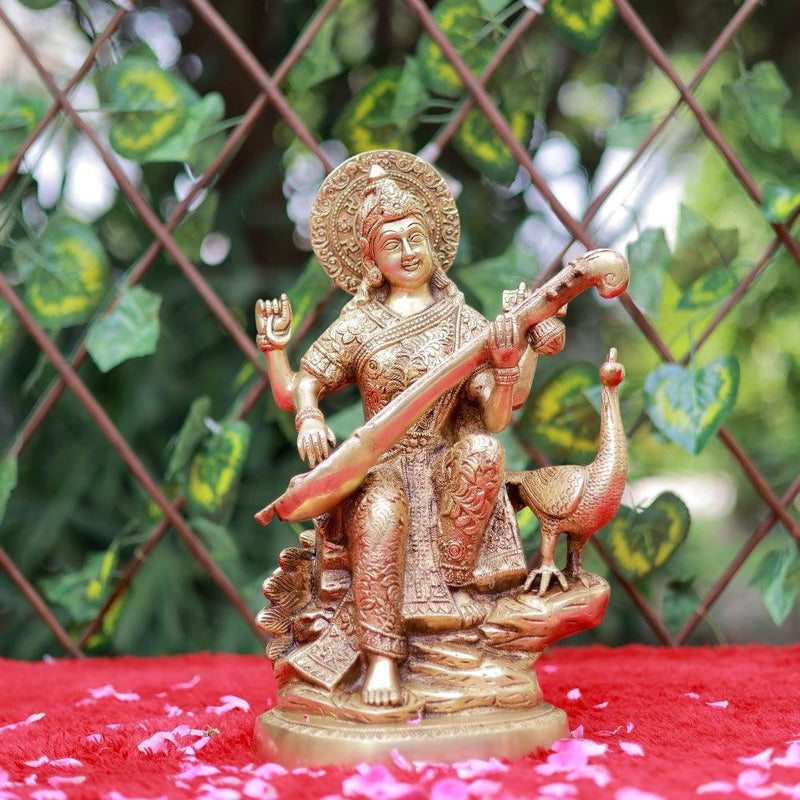 15” Goddess Saraswati Brass Idol - Decorative Statue - Crafts N Chisel - Indian Home Decor USA