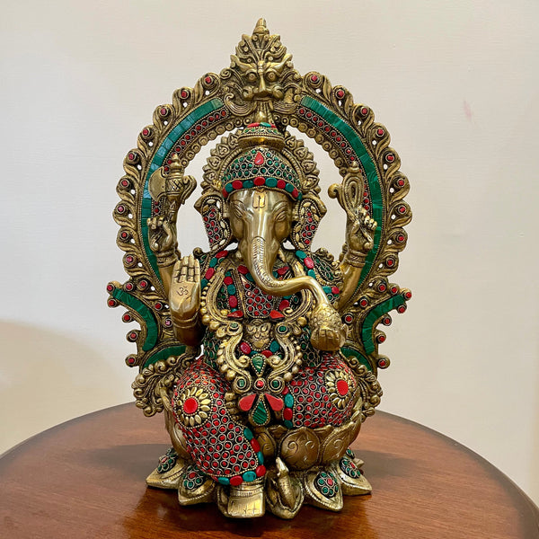 15” Lord Ganesh Brass Idol Stonework & 8.5” Peacock Hanging Diya - Ganpati Statue for Home Decor (Set of 3) - Housewarming Gift - Crafts N Chisel - Indian Home Decor USA