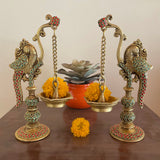 15” Lord Ganesh Brass Idol Stonework & 8.5” Peacock Hanging Diya - handcrafted Ganpati Decorative Statue for Home Decor (Set of 3) - Housewarming Gift - Crafts N Chisel - Indian Home Decor USA