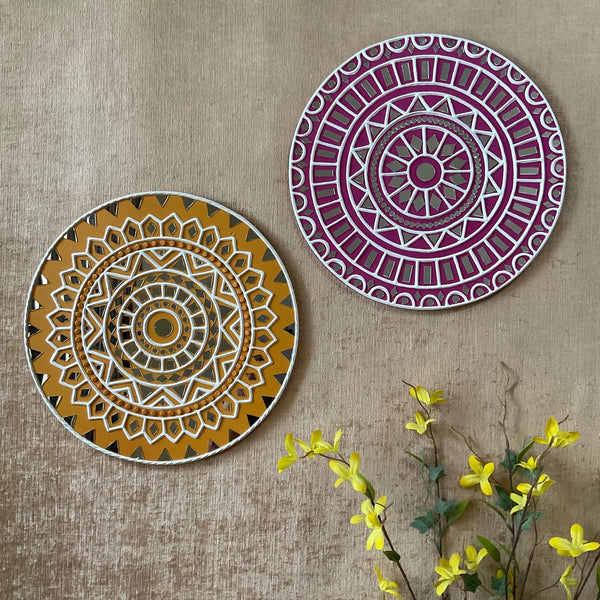 15” Pinkish Purple & Yellow Lippan Art Wall Hanging (Set of 2) - Clay & Mirror Wall Decor- Crafts N Chisel - Indian Home Decor USA