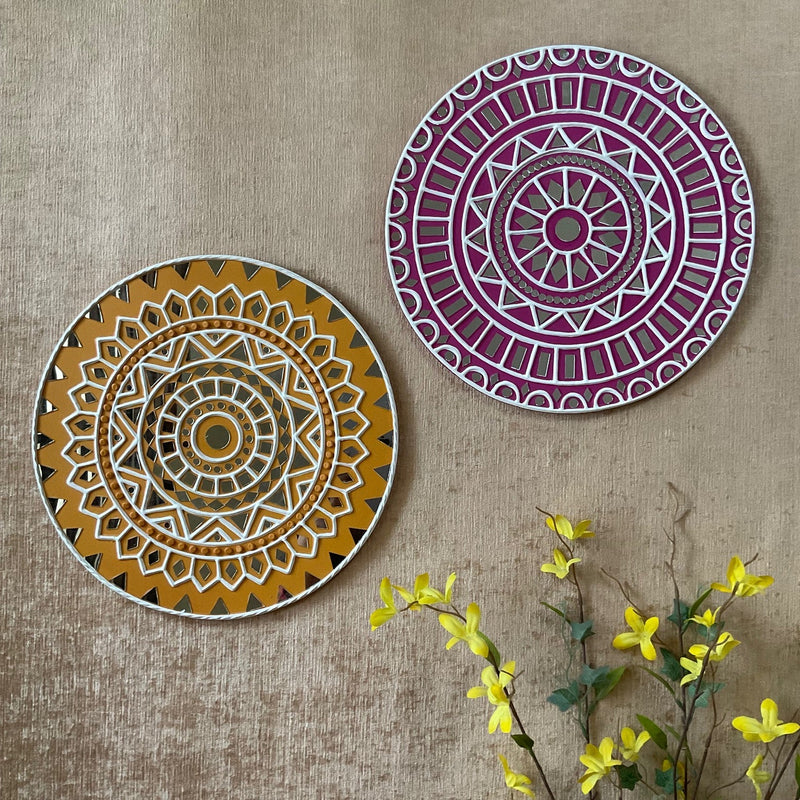 15” Pinkish Purple & Yellow Lippan Art Wall Hanging (Set of 2) - Clay & Mirror Wall Decor- Crafts N Chisel - Indian Home Decor USA