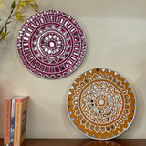 15” Pinkish Purple & Yellow Lippan Art Wall Hanging (Set of 2) - Clay & Mirror Wall Decor- Crafts N Chisel - Indian Home Decor USA