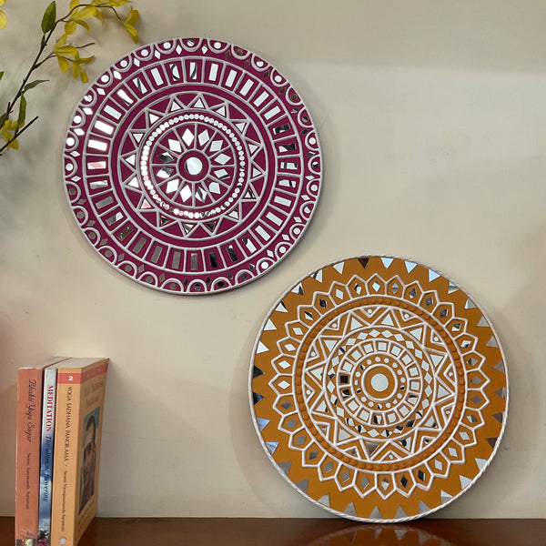 15” Pinkish Purple & Yellow Lippan Art Wall Hanging (Set of 2) - Clay & Mirror Wall Decor- Crafts N Chisel - Indian Home Decor USA