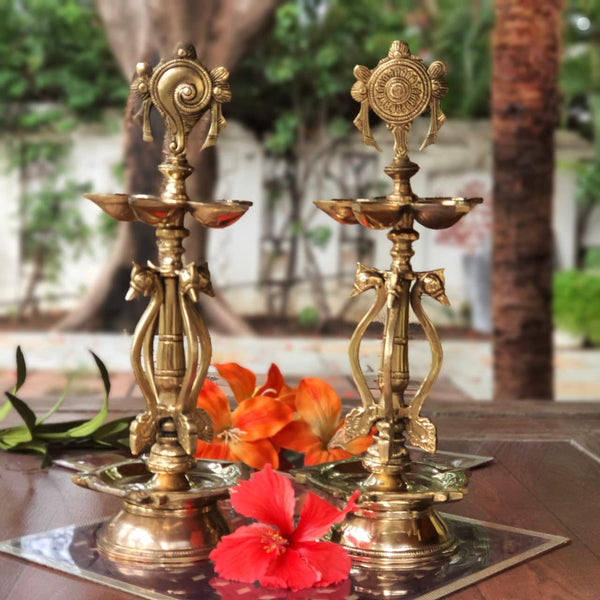 15” Shanku & Chakra Diya (Set of 2) - Handmade Brass lamp - Decorative- Crafts N Chisel - Indian Home Decor USA