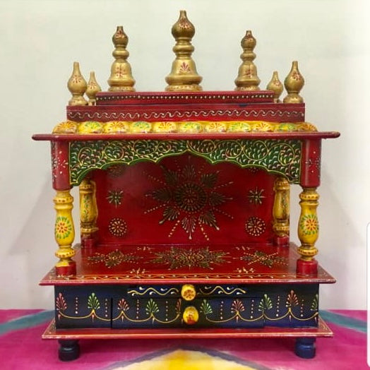 15” Wooden Temple (Mandir) Yellow Red Combo - Open Design - Crafts N Chisel - Indian Home Decor USA