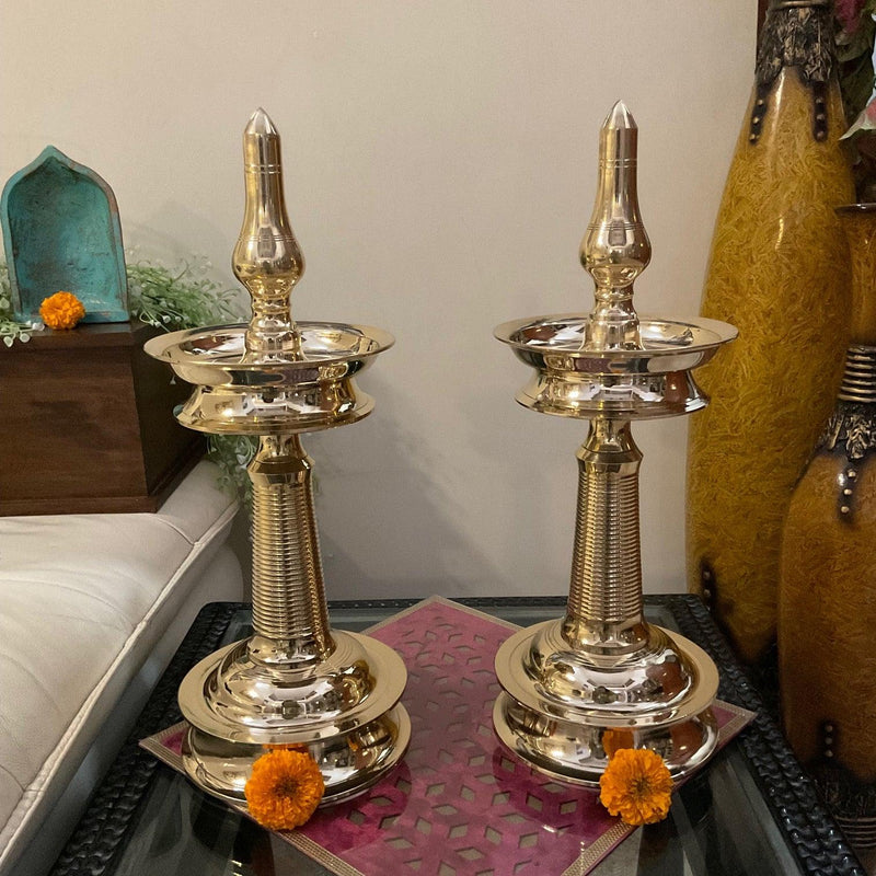 16” Brass Kerala Nilavilakku (Set of 2) - Handmade Brass lamp - Decorative Decor - Crafts N Chisel - Indian Home Decor USA