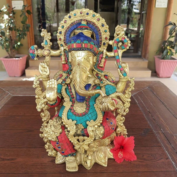 16" Lord Ganesh Brass Idol Stonework - handcrafted Ganpati Decorative Statue for Home Decor - Housewarming Gift - Crafts N Chisel - Indian Home Decor USA