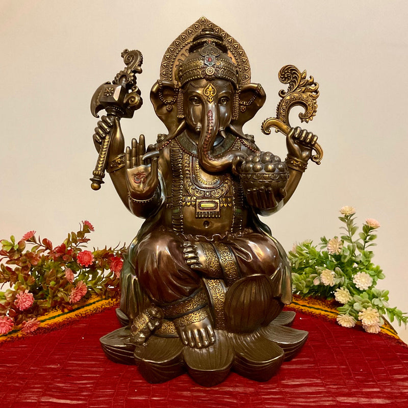 17.5” Ganesha Marble Dust & Resin Idol Bronze Finish - Ganpati Decorative Statue for Home Decor - Housewarming Gift - Crafts N Chisel - Indian Home Decor USA