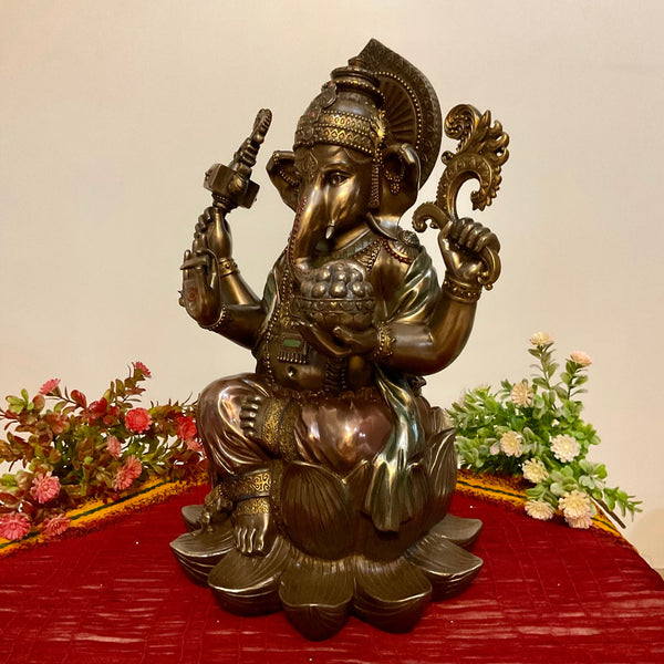 17.5” Ganesha Marble Dust & Resin Idol Bronze Finish - Ganpati Decorative Statue for Home Decor - Housewarming Gift - Crafts N Chisel - Indian Home Decor USA