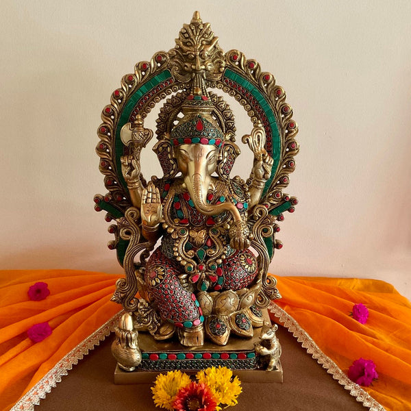 17.5” Lord Ganesh Brass Idol Stonework - handcrafted Ganpati Decorative Statue for Home Decor - Housewarming Gift - Crafts N Chisel - Indian Home Decor USA