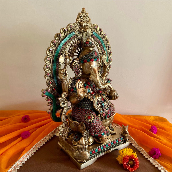 17.5” Lord Ganesh Brass Idol Stonework - handcrafted Ganpati Decorative Statue for Home Decor - Housewarming Gift - Crafts N Chisel - Indian Home Decor USA