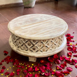 17” Carved Wooden Round Chowki For Idols And Pooja - Crafts N Chisel - Indian Home Decor USA