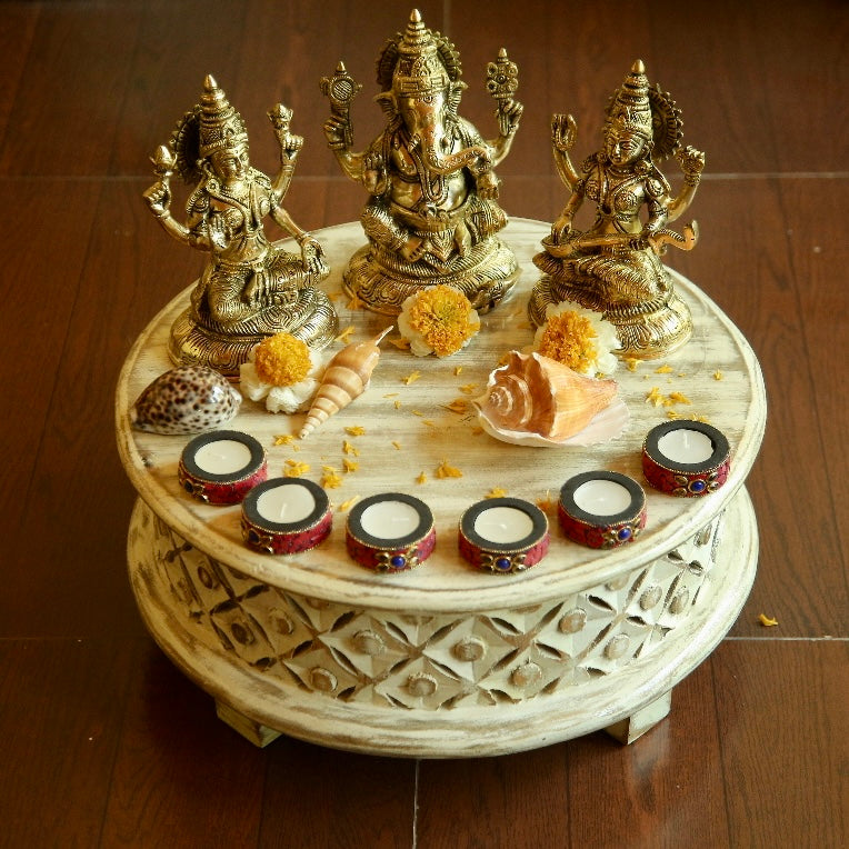 17” Carved Wooden Round Chowki For Idols And Pooja - Crafts N Chisel - Indian Home Decor USA