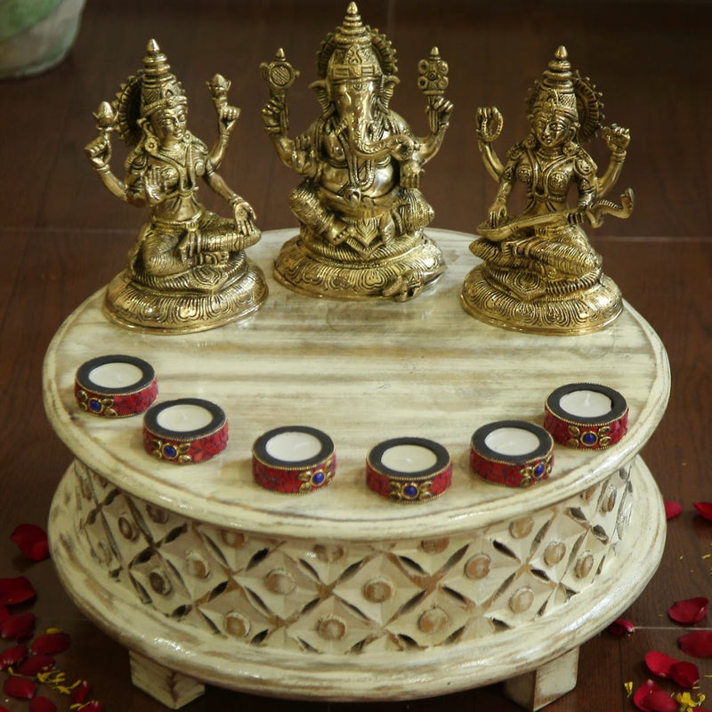 17” Carved Wooden Round Chowki For Idols And Pooja - Crafts N Chisel - Indian Home Decor USA