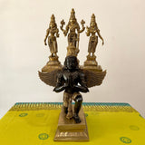 17 Inches Garuda Vishnu With Shridevi And Bhudevi Brass Idol - Dual Colour Finish - Decorative Home Decor - Crafts N Chisel - Indian Home Decor USA