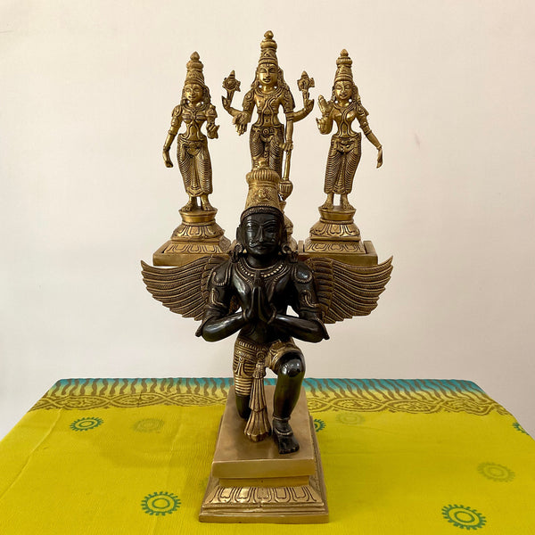 17 Inches Garuda Vishnu With Shridevi And Bhudevi Brass Idol - Dual Colour Finish - Decorative Home Decor - Crafts N Chisel - Indian Home Decor USA