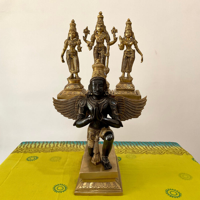 17 Inches Garuda Vishnu With Shridevi And Bhudevi Brass Idol - Dual Colour Finish - Decorative Home Decor - Crafts N Chisel - Indian Home Decor USA