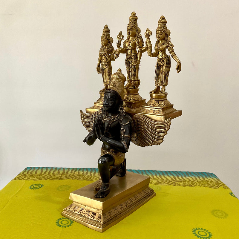17 Inches Garuda Vishnu With Shridevi And Bhudevi Brass Idol - Dual Colour Finish - Decorative Home Decor - Crafts N Chisel - Indian Home Decor USA