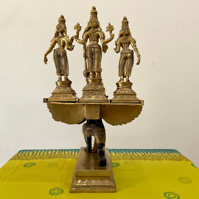 17 Inches Garuda Vishnu With Shridevi And Bhudevi Brass Idol - Dual Colour Finish - Decorative Home Decor - Crafts N Chisel - Indian Home Decor USA