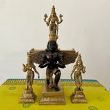 17 Inches Garuda Vishnu With Shridevi And Bhudevi Brass Idol - Dual Colour Finish - Decorative Home Decor - Crafts N Chisel - Indian Home Decor USA