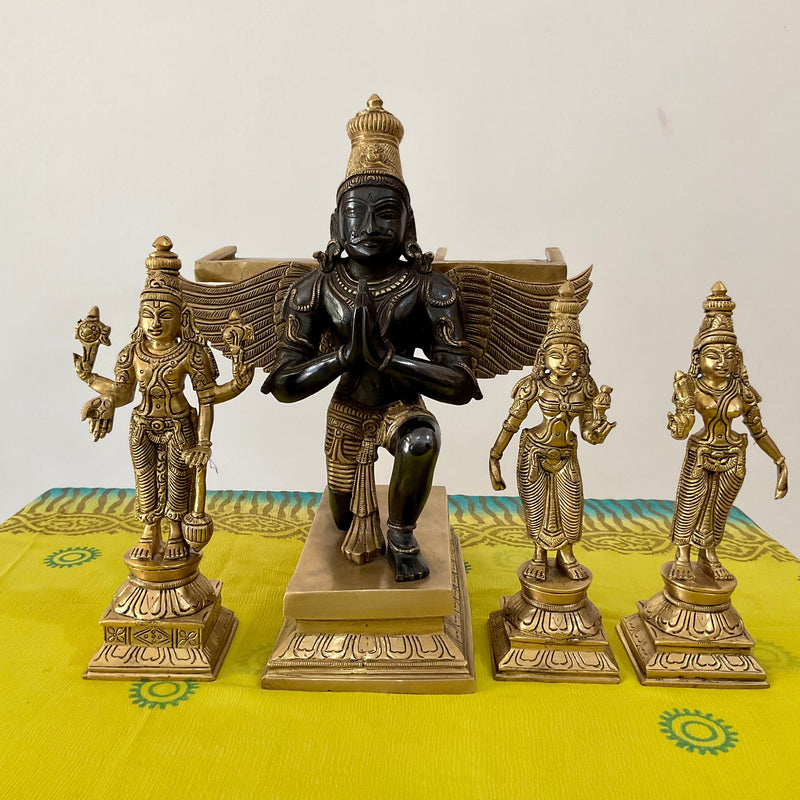 17 Inches Garuda Vishnu With Shridevi And Bhudevi Brass Idol - Dual Colour Finish - Decorative Home Decor - Crafts N Chisel - Indian Home Decor USA