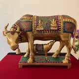 17” Kamdhenu Cow and Calf Set - Brass Statue Handcrafted turquoise Inlay - Decorative Figurine - Crafts N Chisel - Indian Home Decor USA