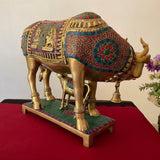 17” Kamdhenu Cow and Calf Set - Brass Statue Handcrafted turquoise Inlay - Decorative Figurine - Crafts N Chisel - Indian Home Decor USA
