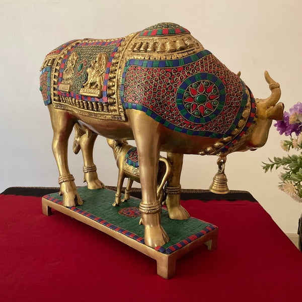 17” Kamdhenu Cow and Calf Set - Brass Statue Handcrafted turquoise Inlay - Decorative Figurine - Crafts N Chisel - Indian Home Decor USA