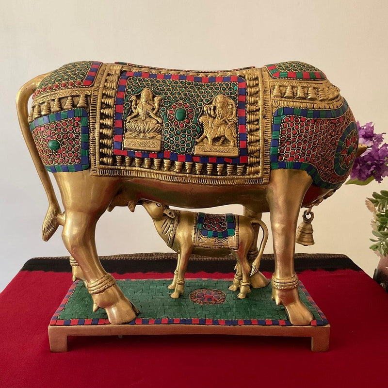 17” Kamdhenu Cow and Calf Set - Brass Statue Handcrafted turquoise Inlay - Decorative Figurine - Crafts N Chisel - Indian Home Decor USA